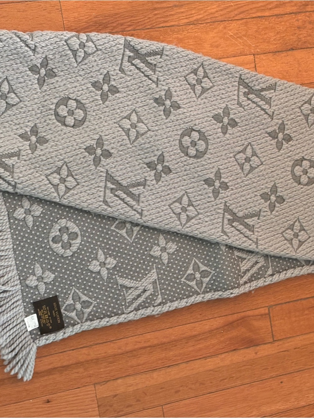 Louis Vuitton Light Gray Monogram Knit Scarf with Fringe